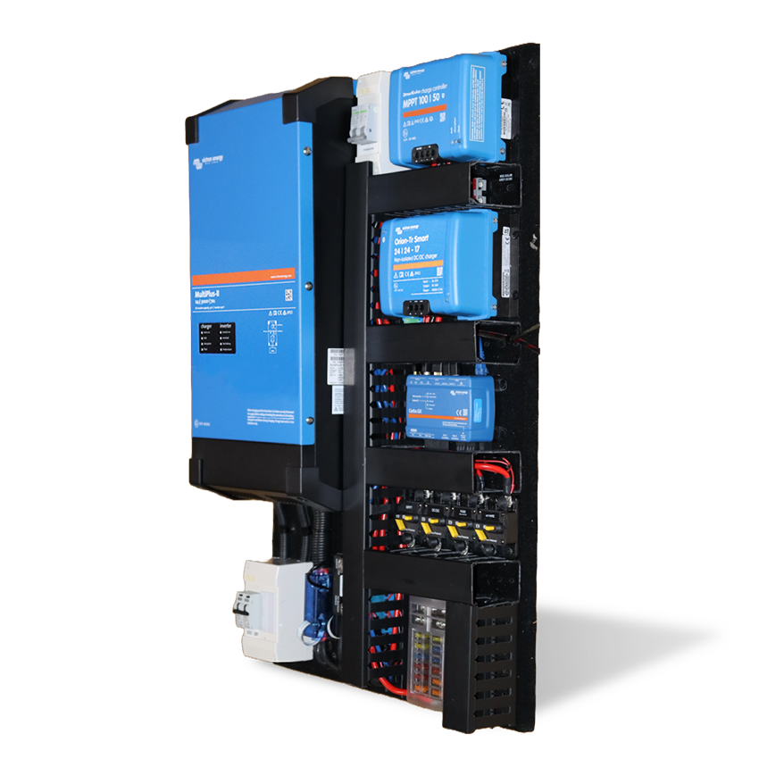 24V Ikara Series Pre-wired Victron Board - Portrait - 3000VA + Mains 70A + Solar 50A + DC-DC 30A + Cerbo GX